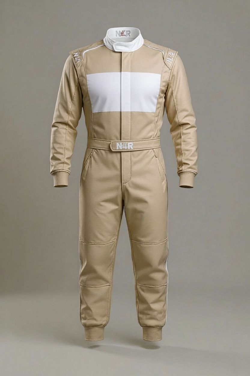 Close-up of the N4R Trademark Champagne racing suit fabric and design.